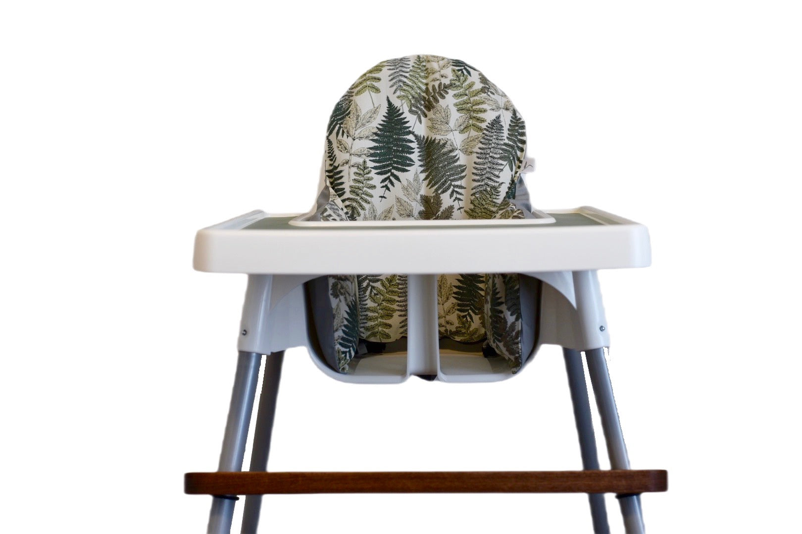 Walnut footrest on IKEA High Chair with Sage placemat and Friendly Ferns cushion cover.